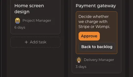 A card waiting for your decision, with the Approve button