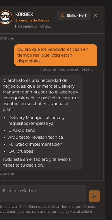 Chat con Korbex: le cuentas tu idea y arma el plan con el equipo