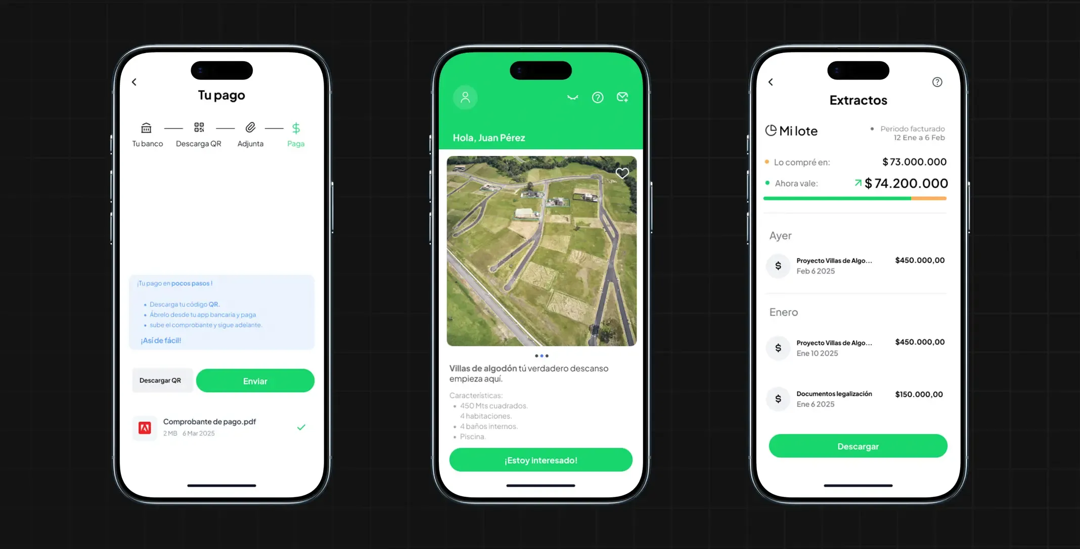 Loty app screens on three phones