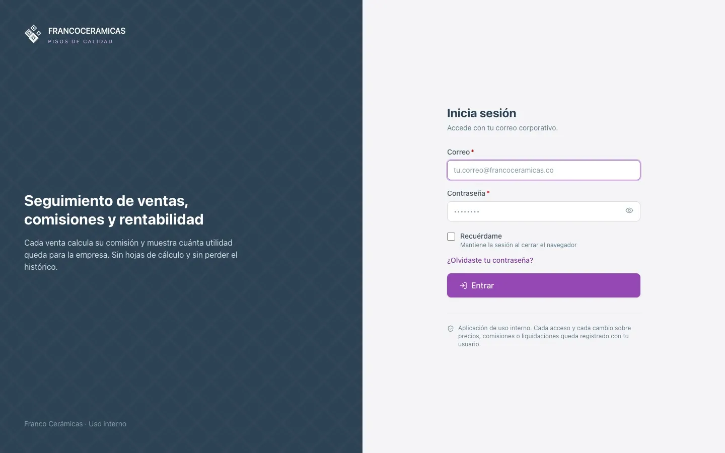 Franco Cerámicas app sign-in screen: sales, commissions and profit tracking