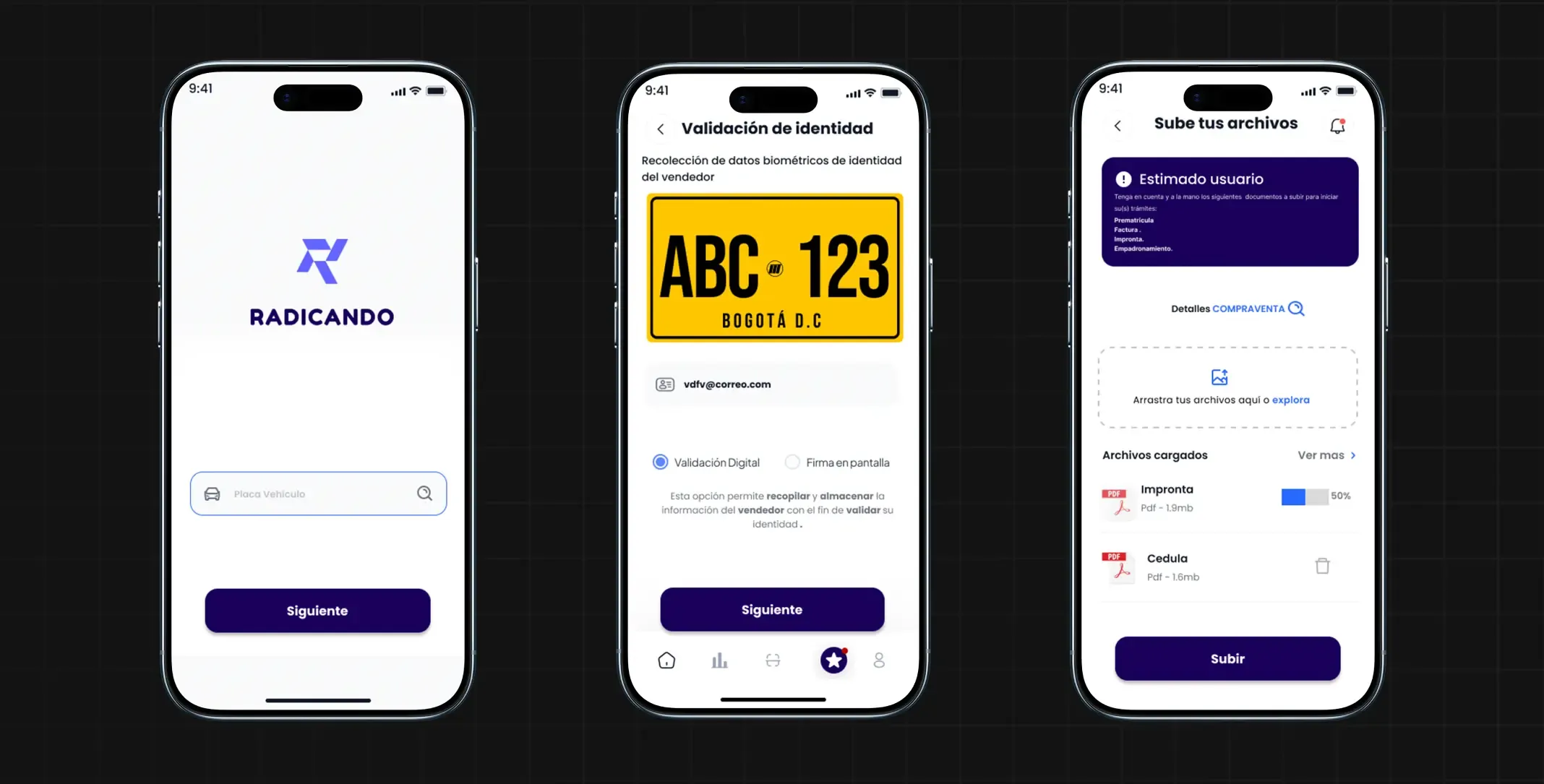 Radicando app screens on three phones