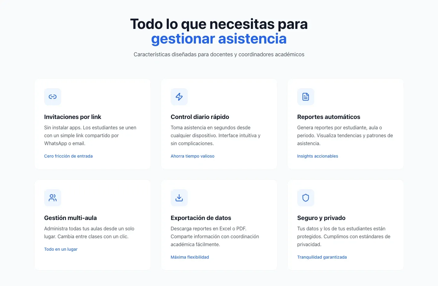 TuAsistencia features: invite by link, reports, multiple classrooms and export