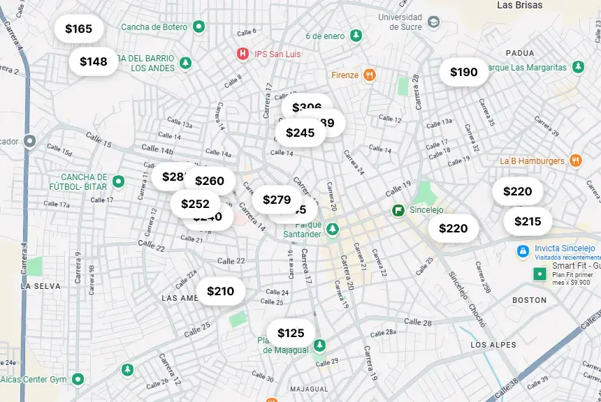 Map with prices of available lots